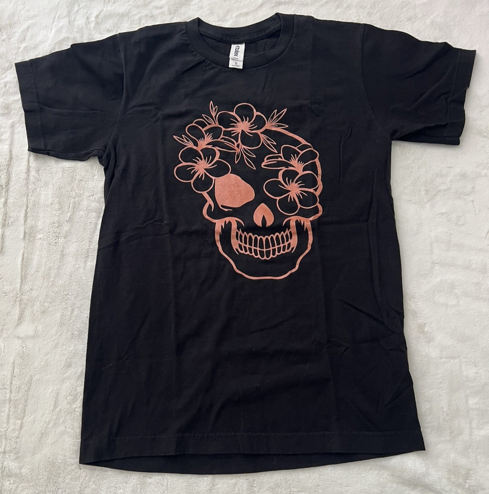 Tultex Skull Floral Graphic T Shirt Mens Small Black Short Sleeve Cotton Tee